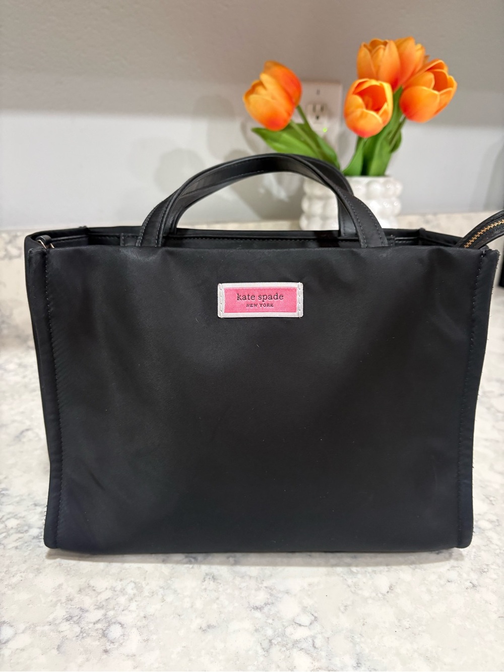 kate spade Black Nylon Tote with Pink Logo Patch